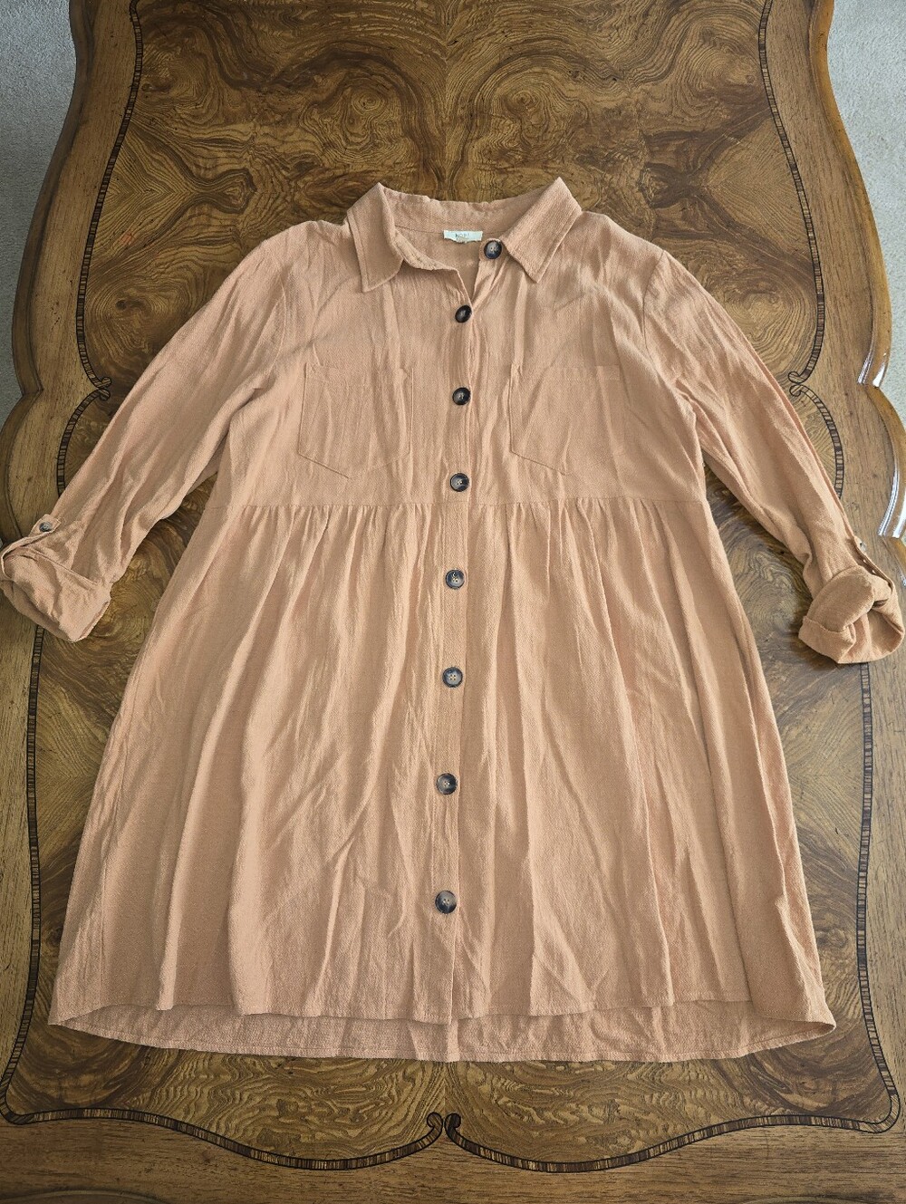Kori America Hush Button Up Babydoll Shirt Dress in Rust Cotton Womens size L